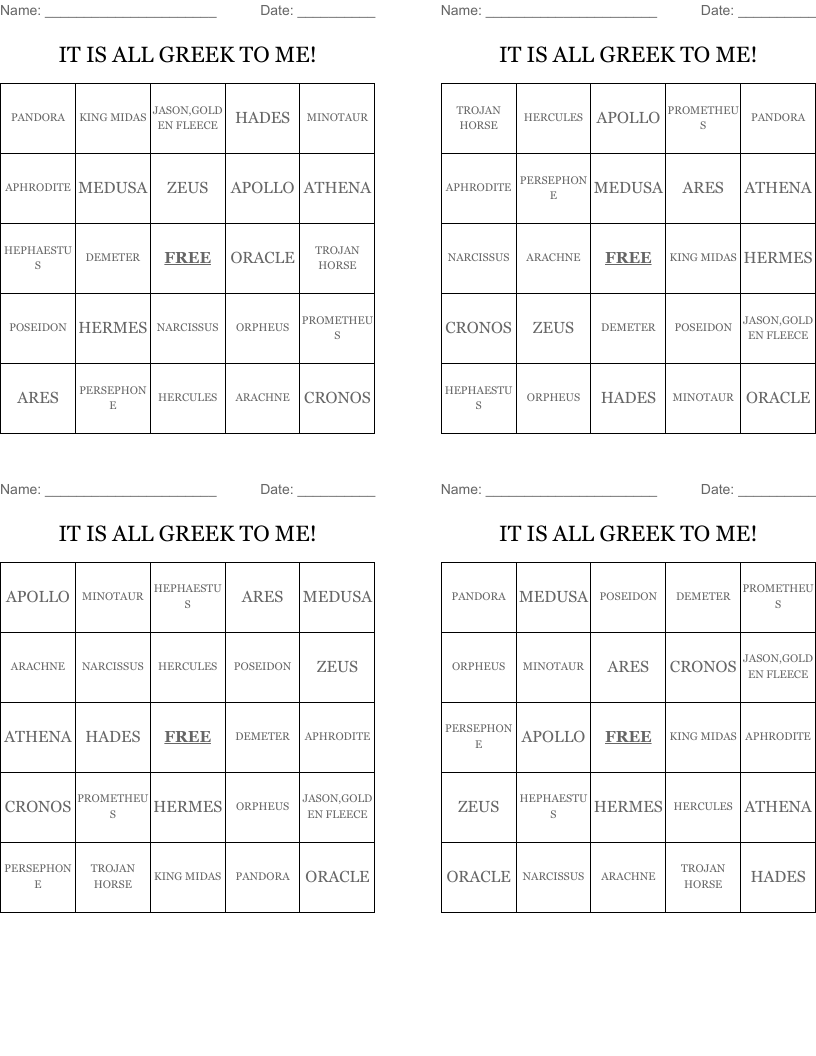 IT IS ALL GREEK TO ME! Bingo Cards