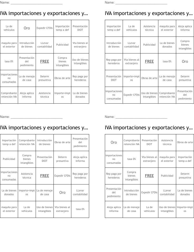 IVA importaciones y exportaciones y obligaciones en general Bingo Cards