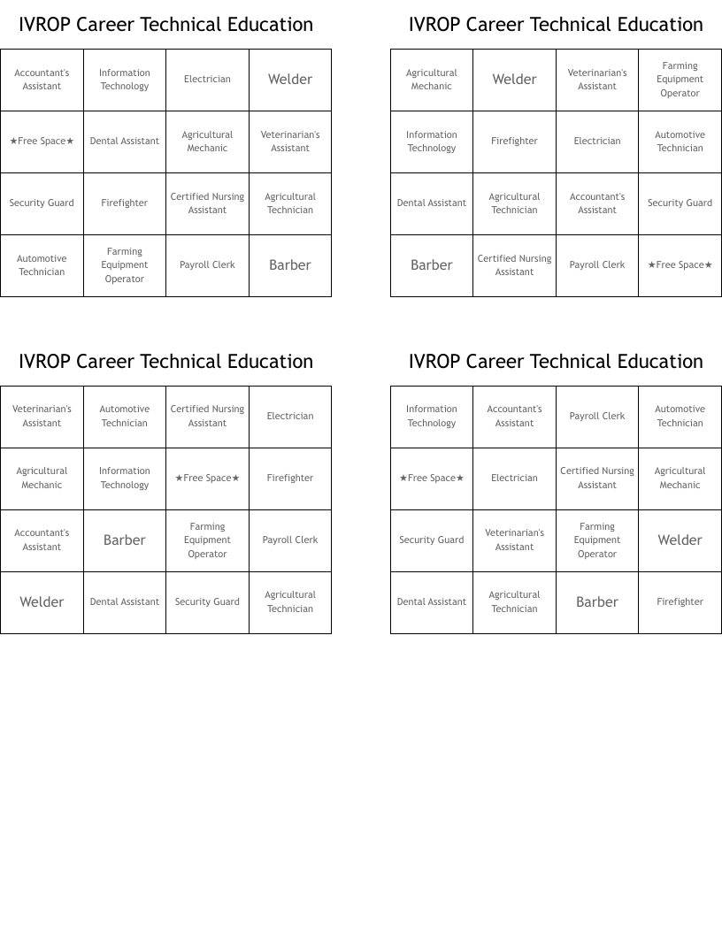 IVROP Career Technical Education Bingo Cards