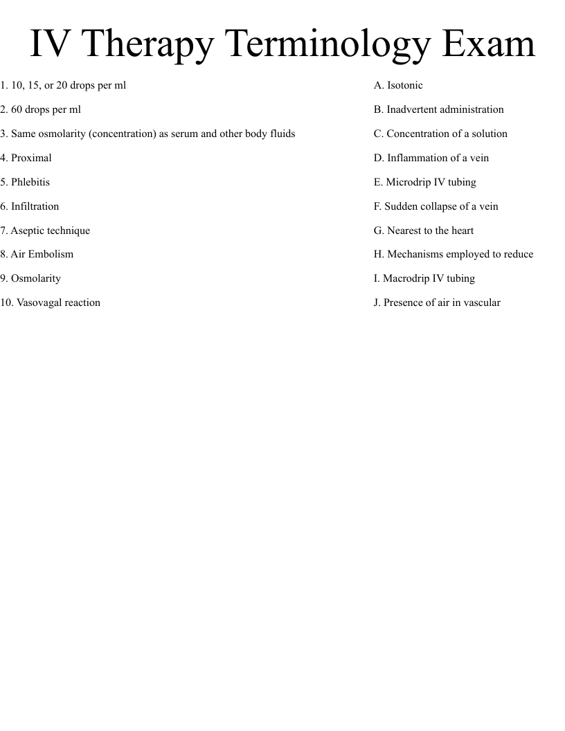 IV Therapy Terminology Exam Worksheet