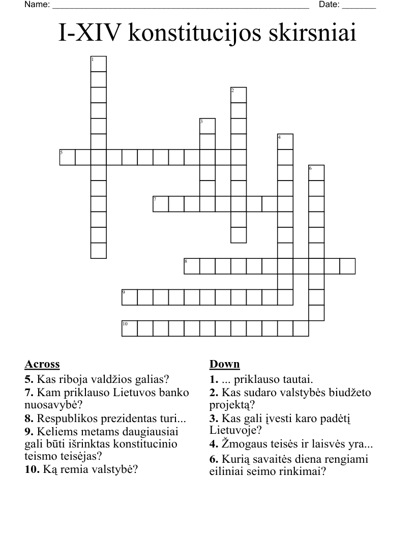 I-XIV konstitucijos skirsniai Crossword
