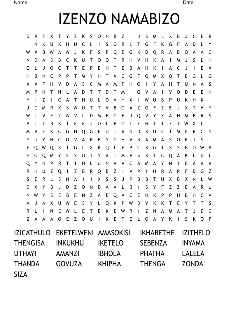 IZENZO NAMABIZO Word Search