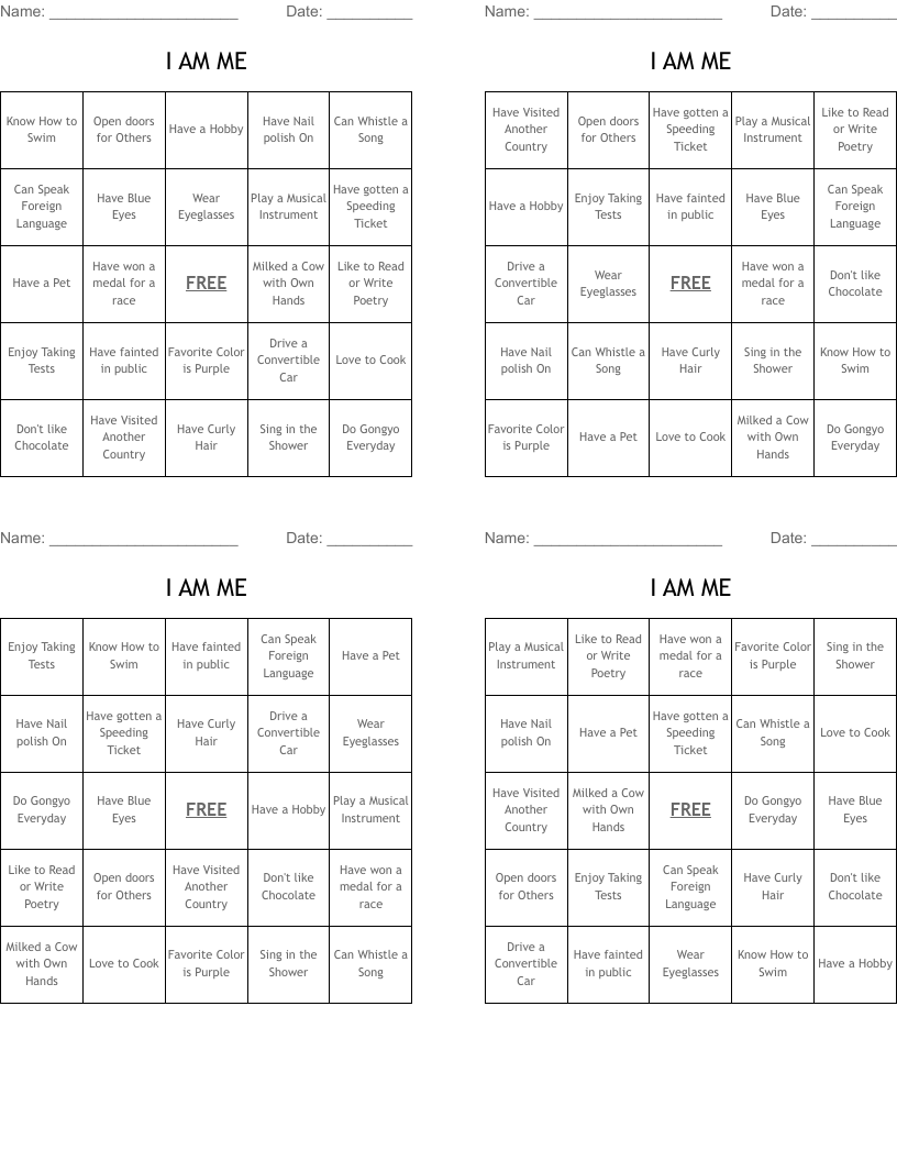 I AM ME Bingo Cards