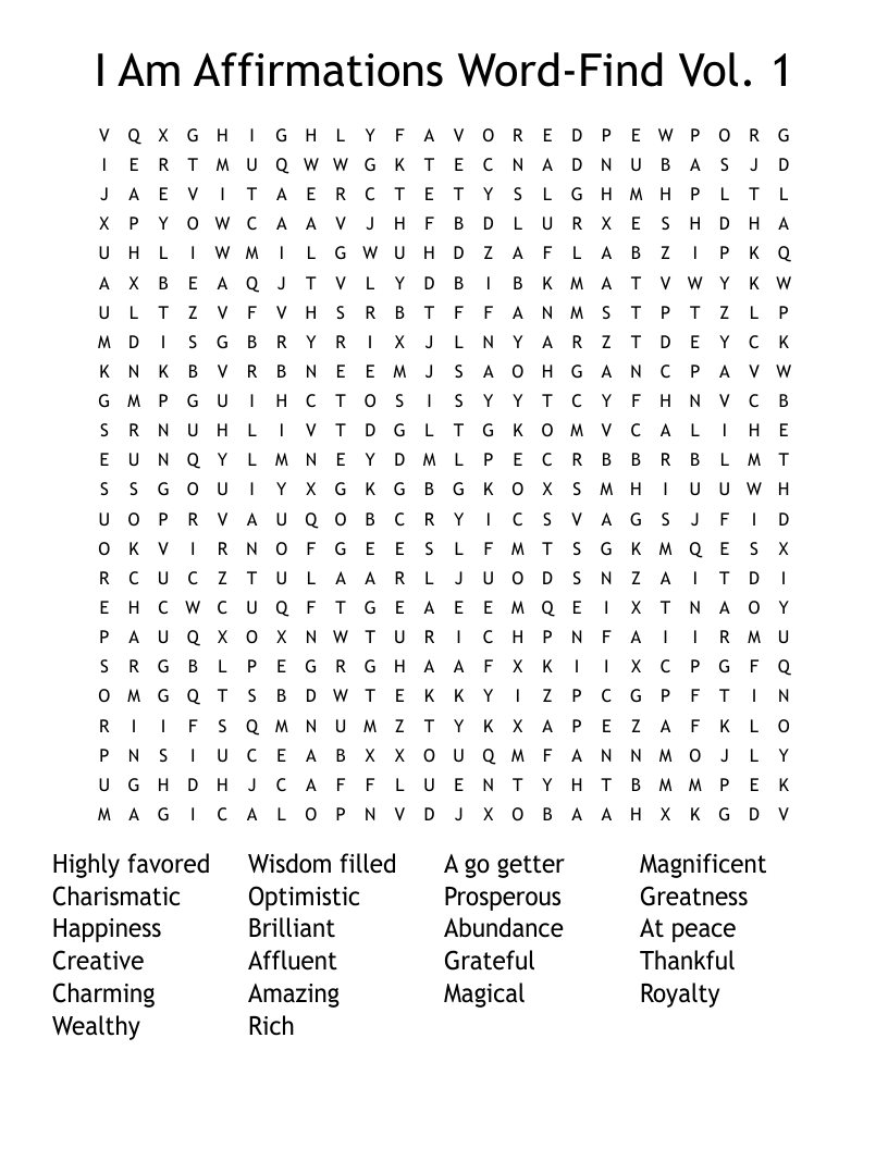 I Am Affirmations Word-Find Vol. 1 Word Search