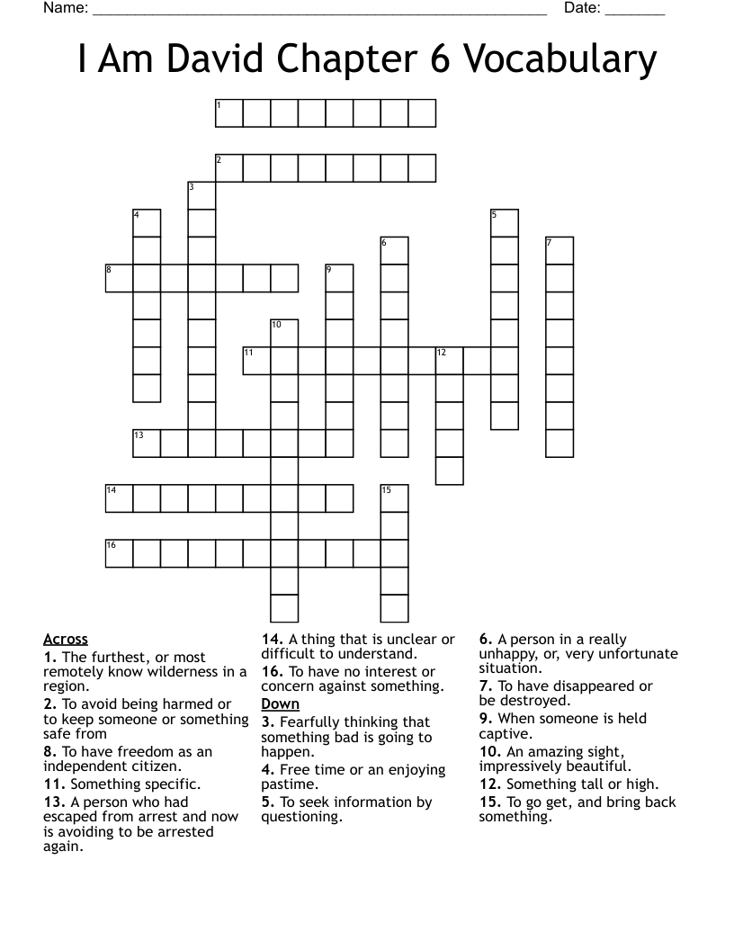 I Am David Chapter 6 Vocabulary Crossword
