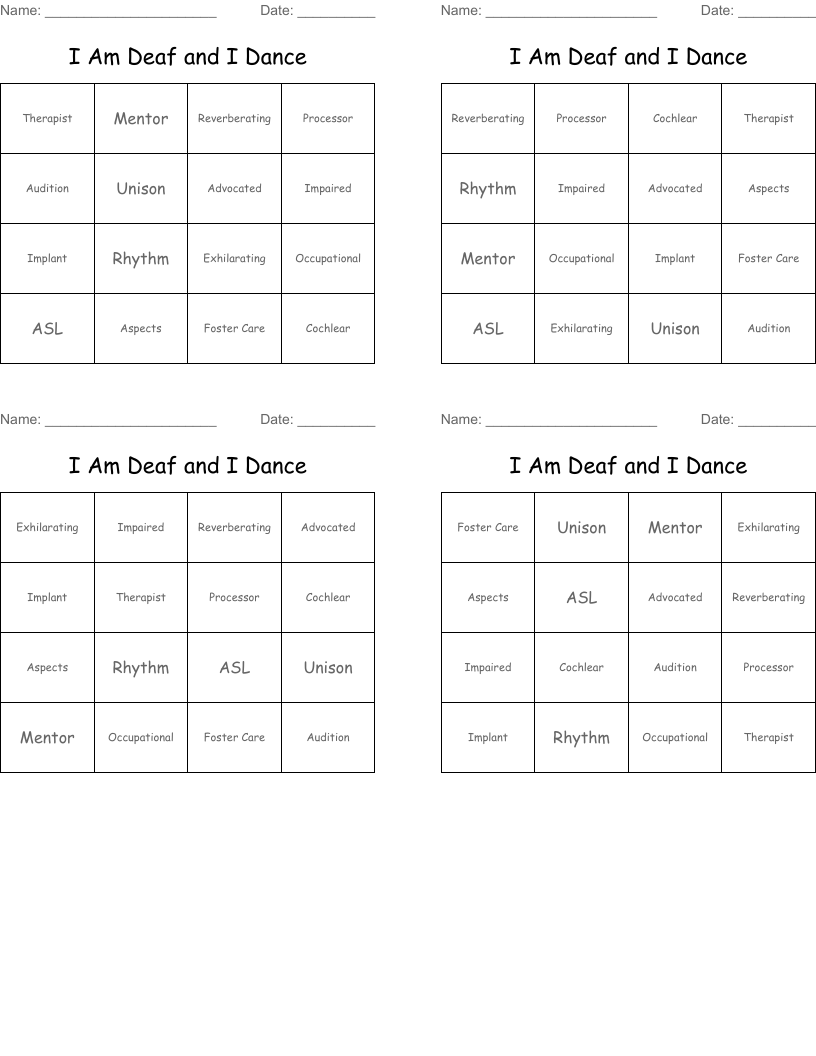 I Am Deaf and I Dance Bingo Cards