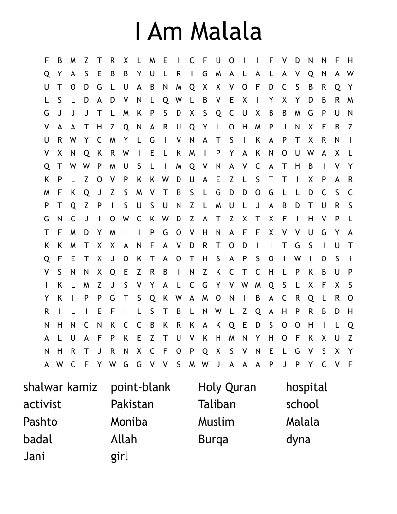 I Am Malala Word Search