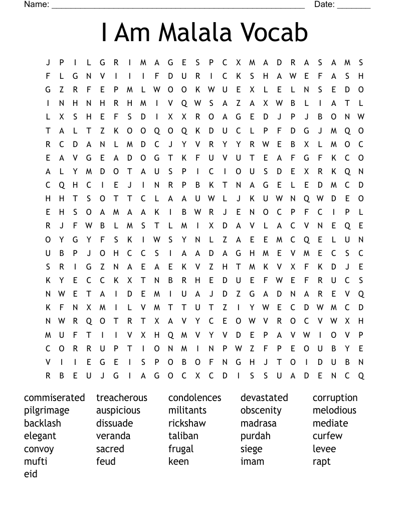I Am Malala Vocab Word Search