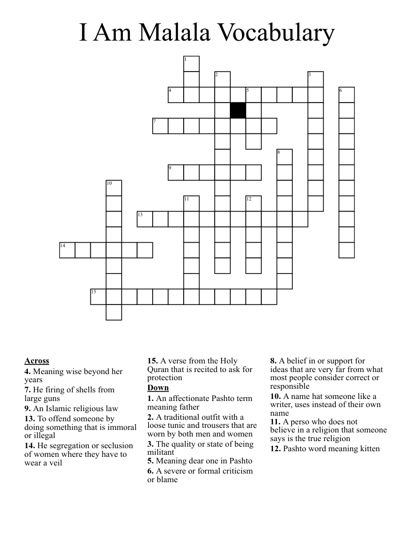 I Am Malala Vocabulary Crossword