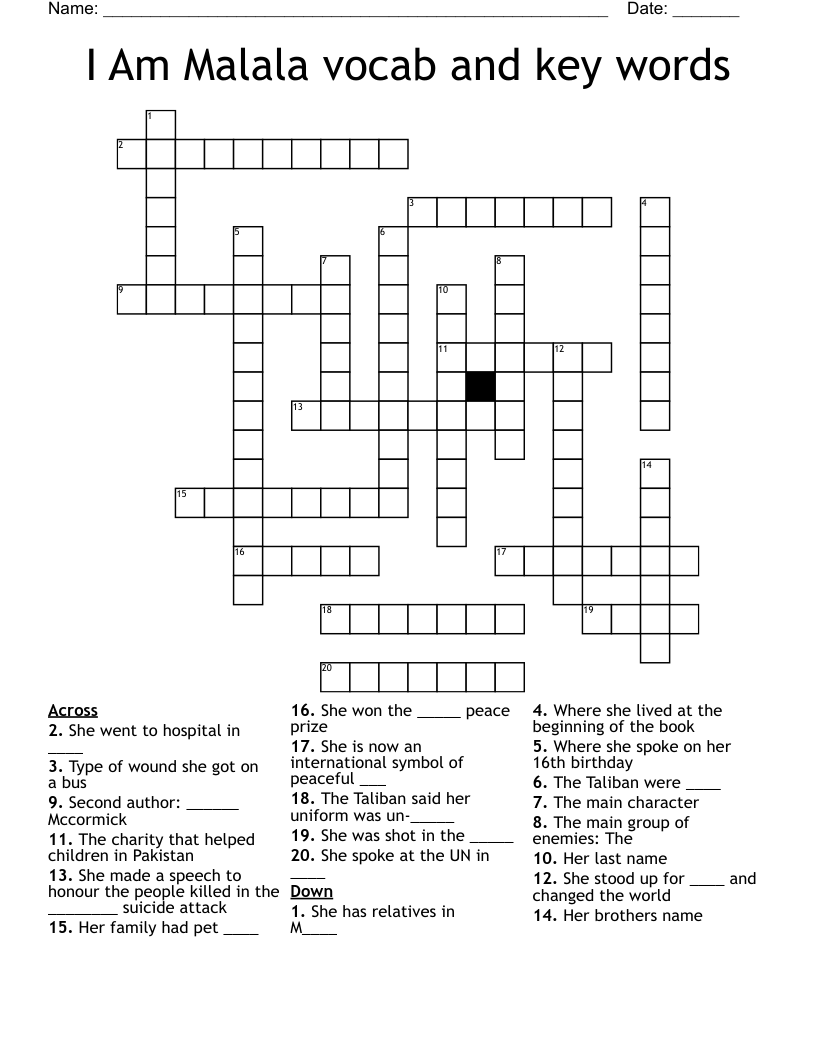 I Am Malala vocab and key words Crossword