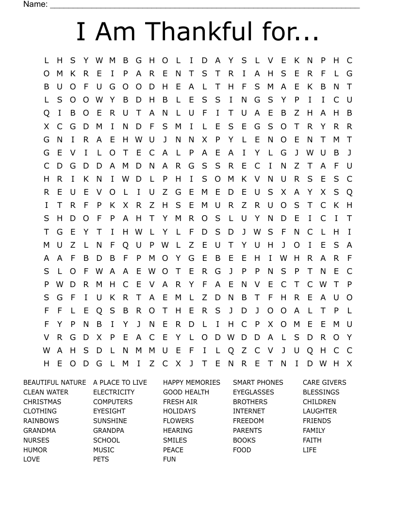 I Am Thankful for... Word Search
