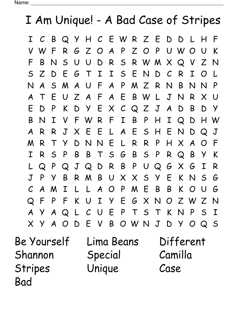 I Am Unique! - A Bad Case of Stripes Word Search