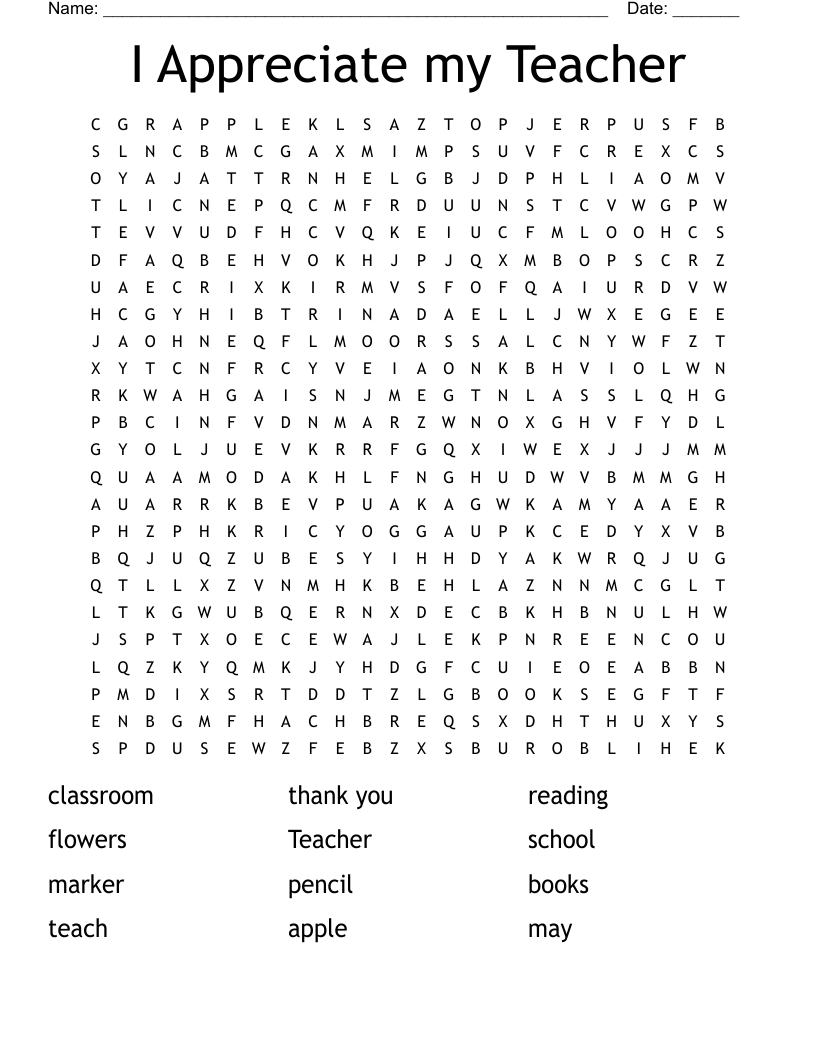 I Appreciate my Teacher Word Search