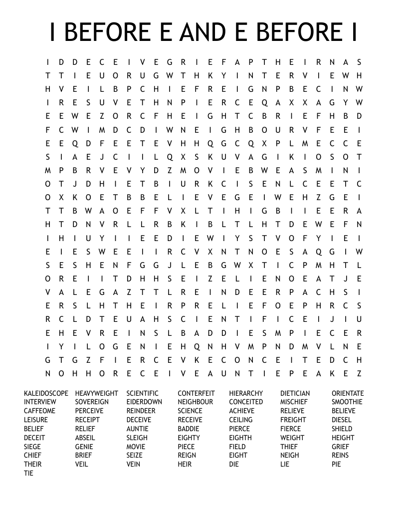 I BEFORE E AND E BEFORE I Word Search