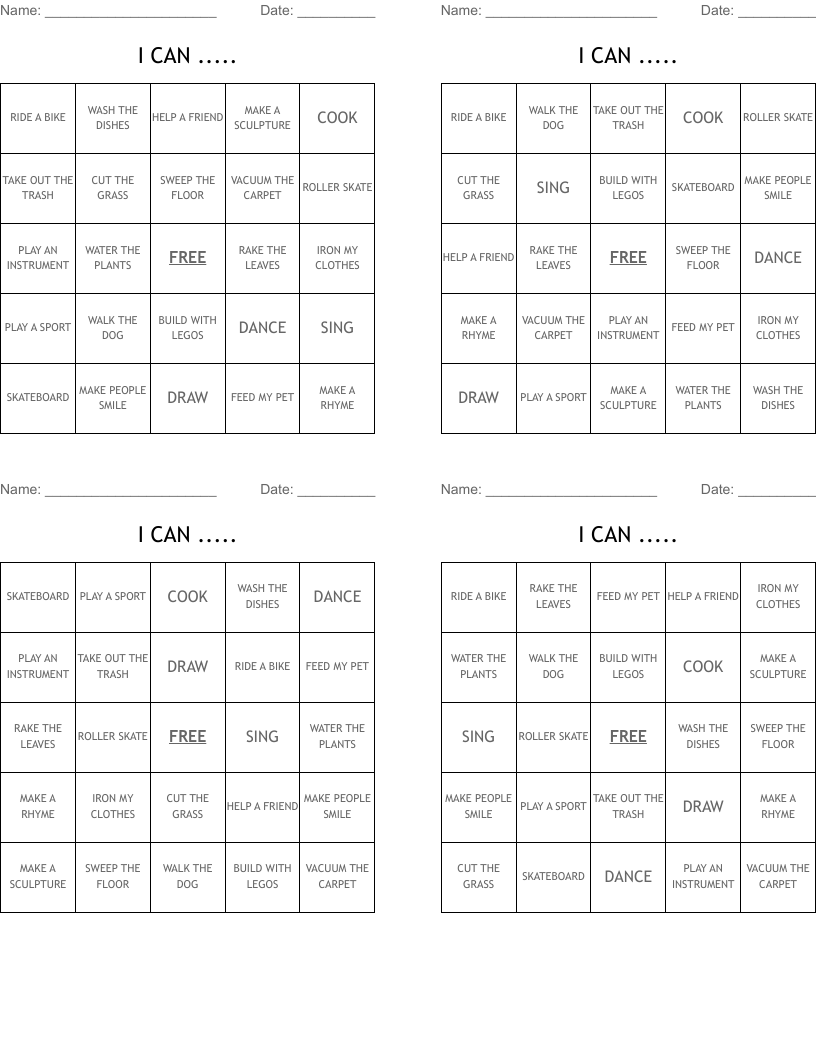 I CAN ..... Bingo Cards