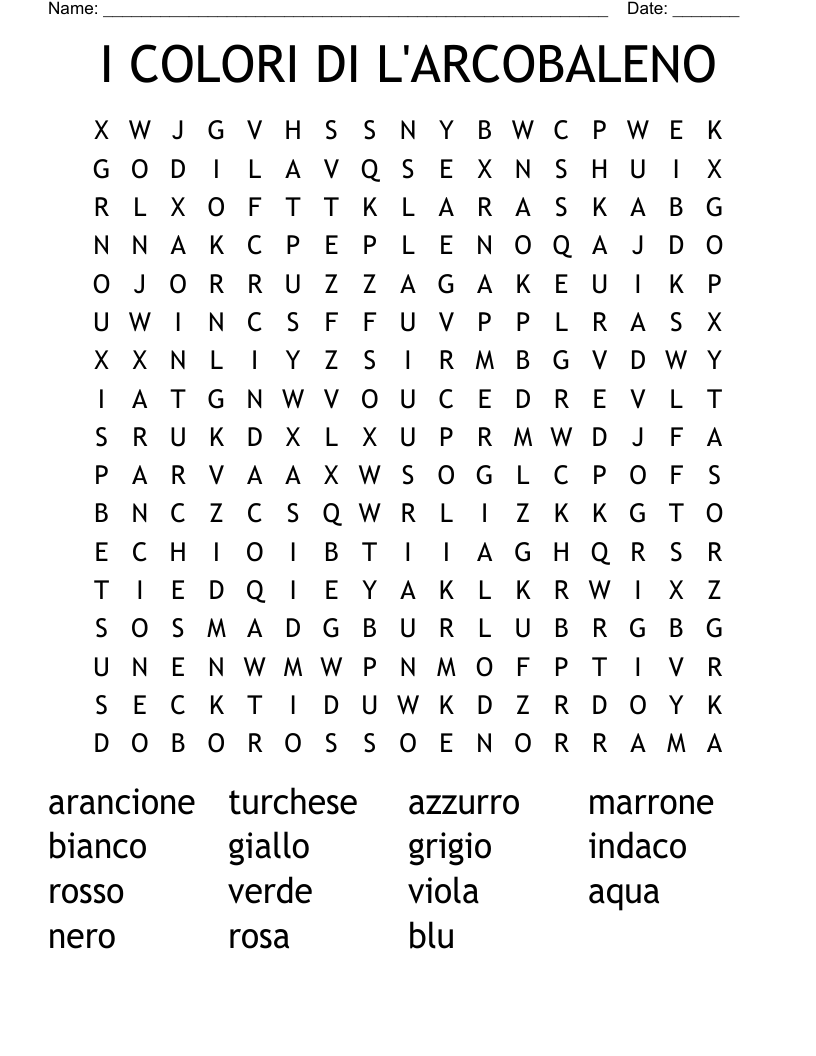 I COLORI DI L'ARCOBALENO Word Search
