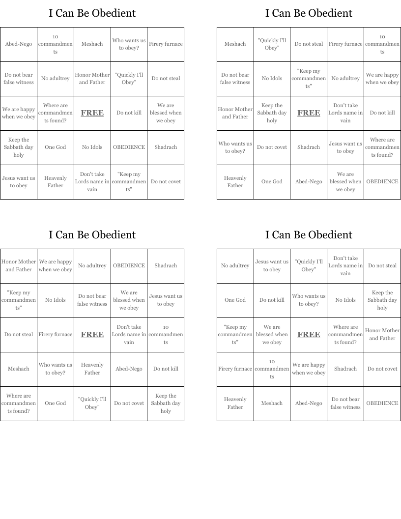 I Can Be Obedient Bingo Cards