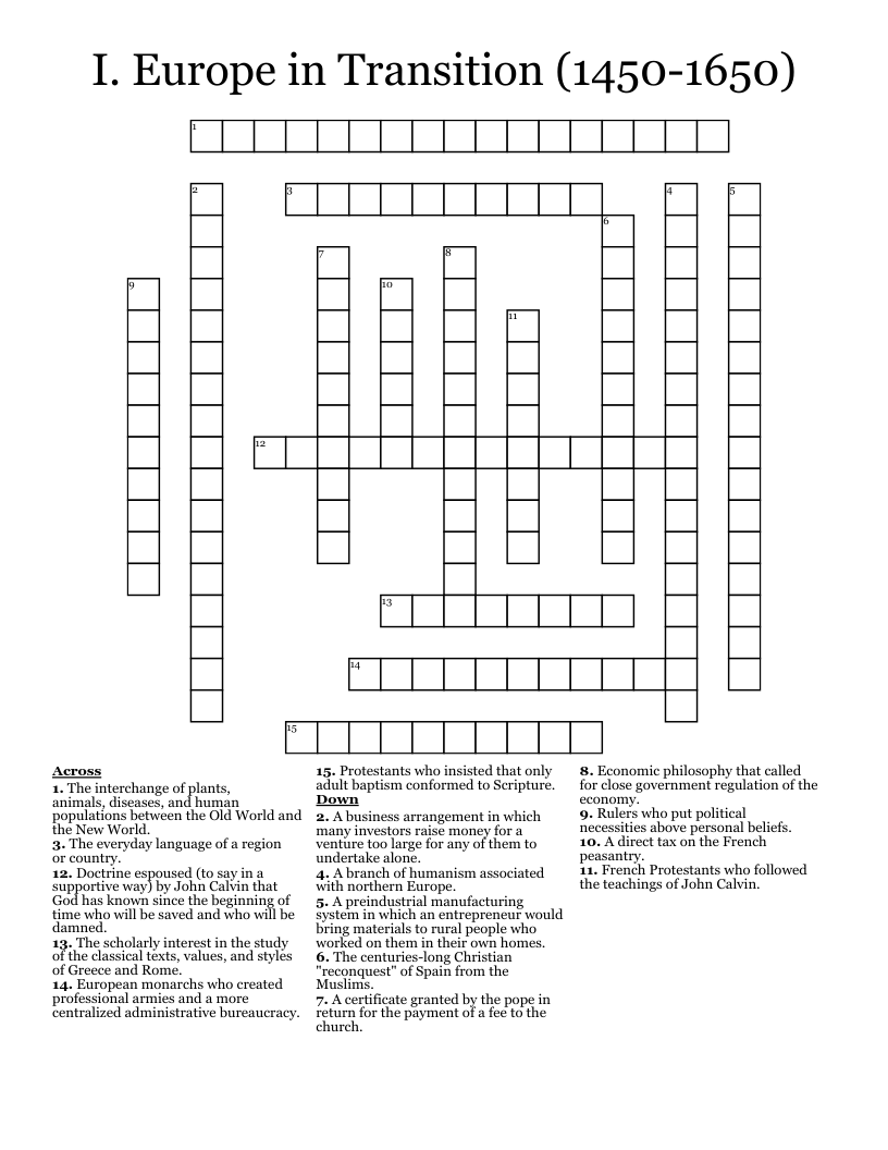 I. Europe in Transition (1450-1650) Crossword