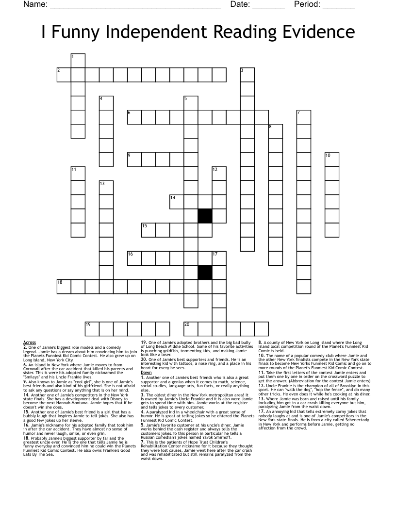 I Funny Independent Reading Evidence Crossword