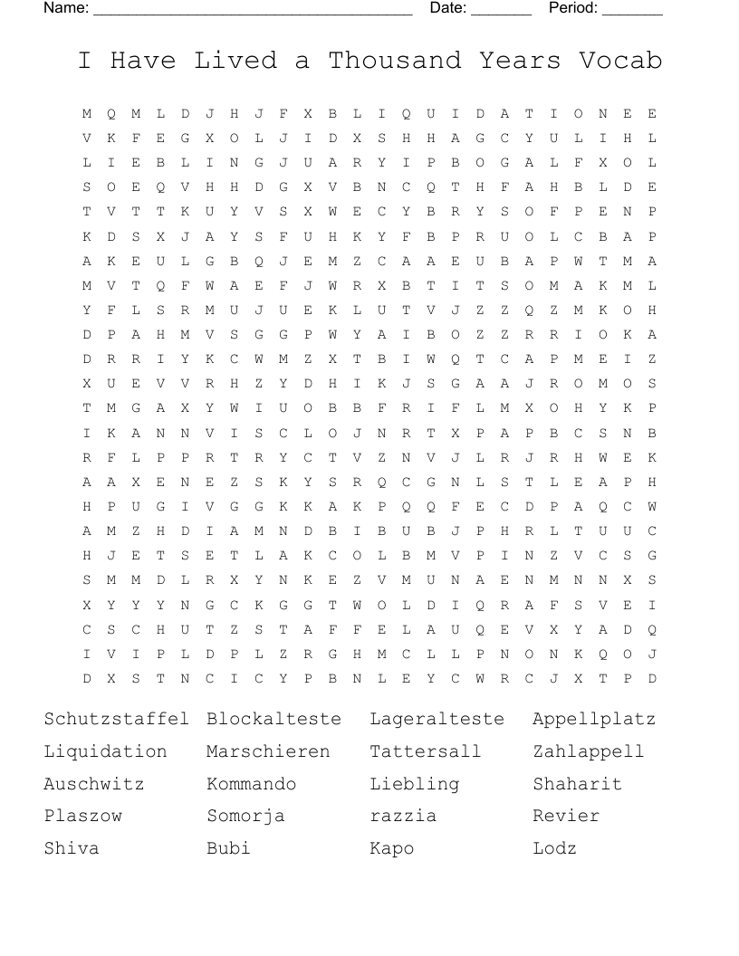 I Have Lived a Thousand Years Vocab Word Search