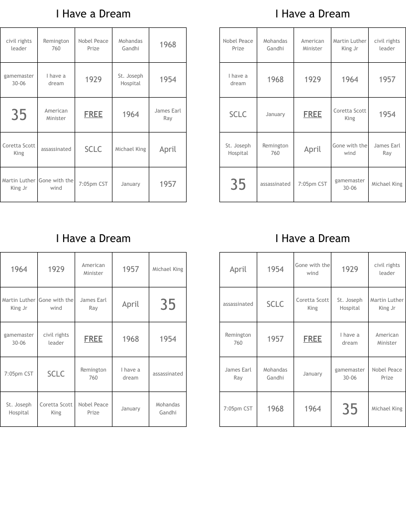 I Have a Dream Bingo Cards