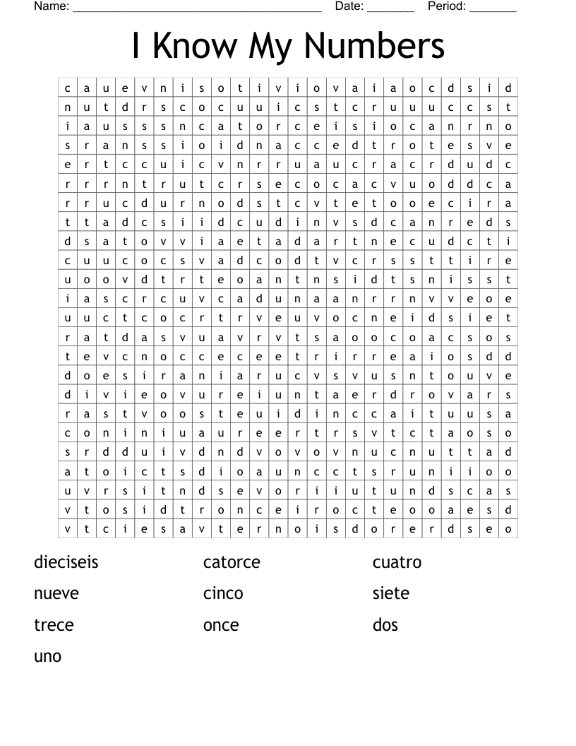 I Know My Numbers Word Search