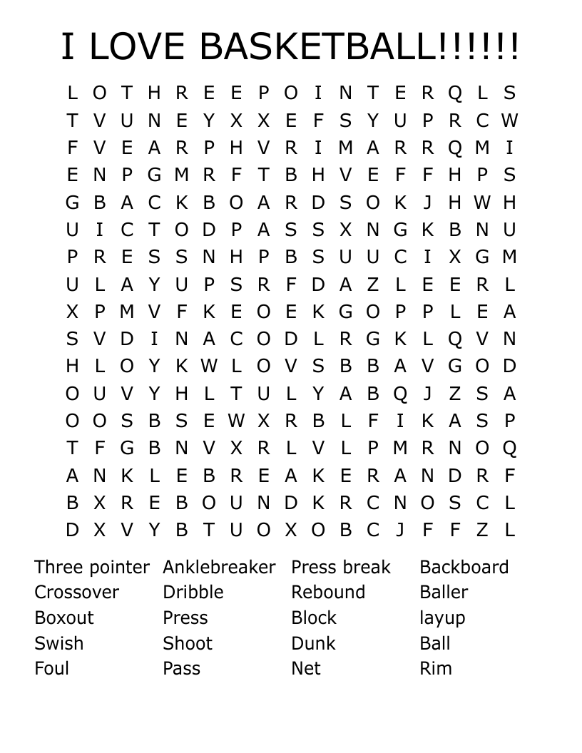 I LOVE BASKETBALL!!!!!! Word Search