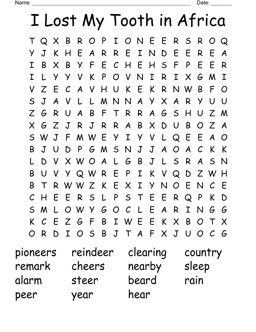 I Lost My Tooth in Africa Word Search