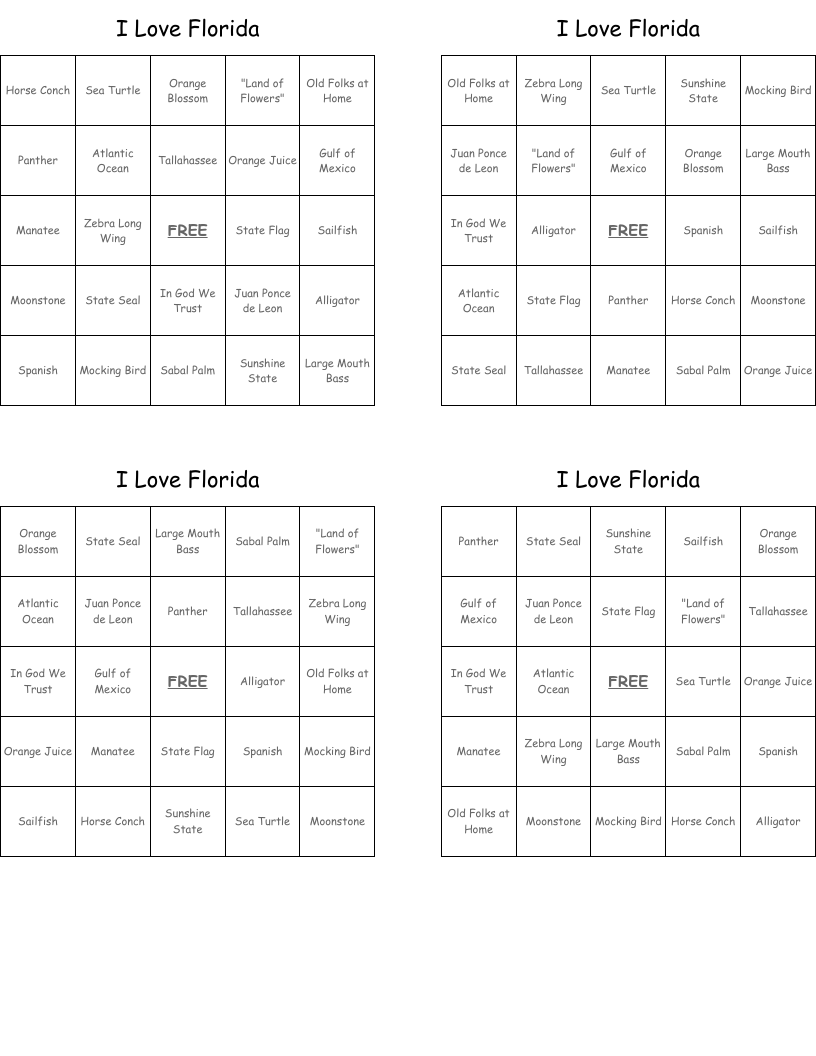 I Love Florida Bingo Cards