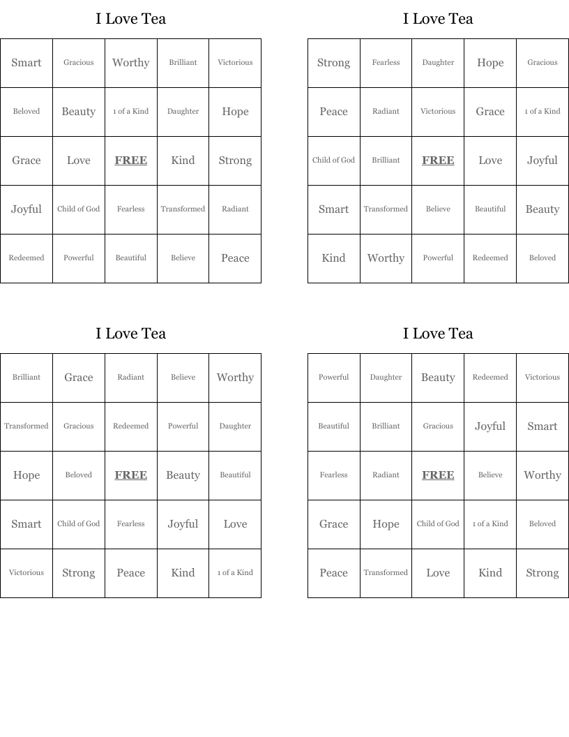 I Love Tea Bingo Cards