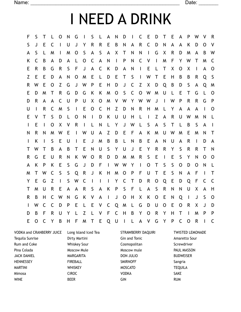 I NEED A DRINK Word Search