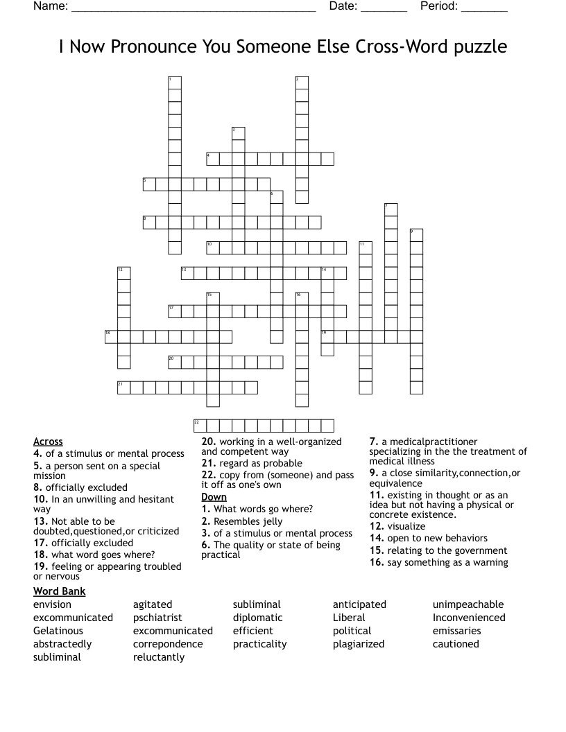 I Now Pronounce You Someone Else Cross-Word puzzle Crossword