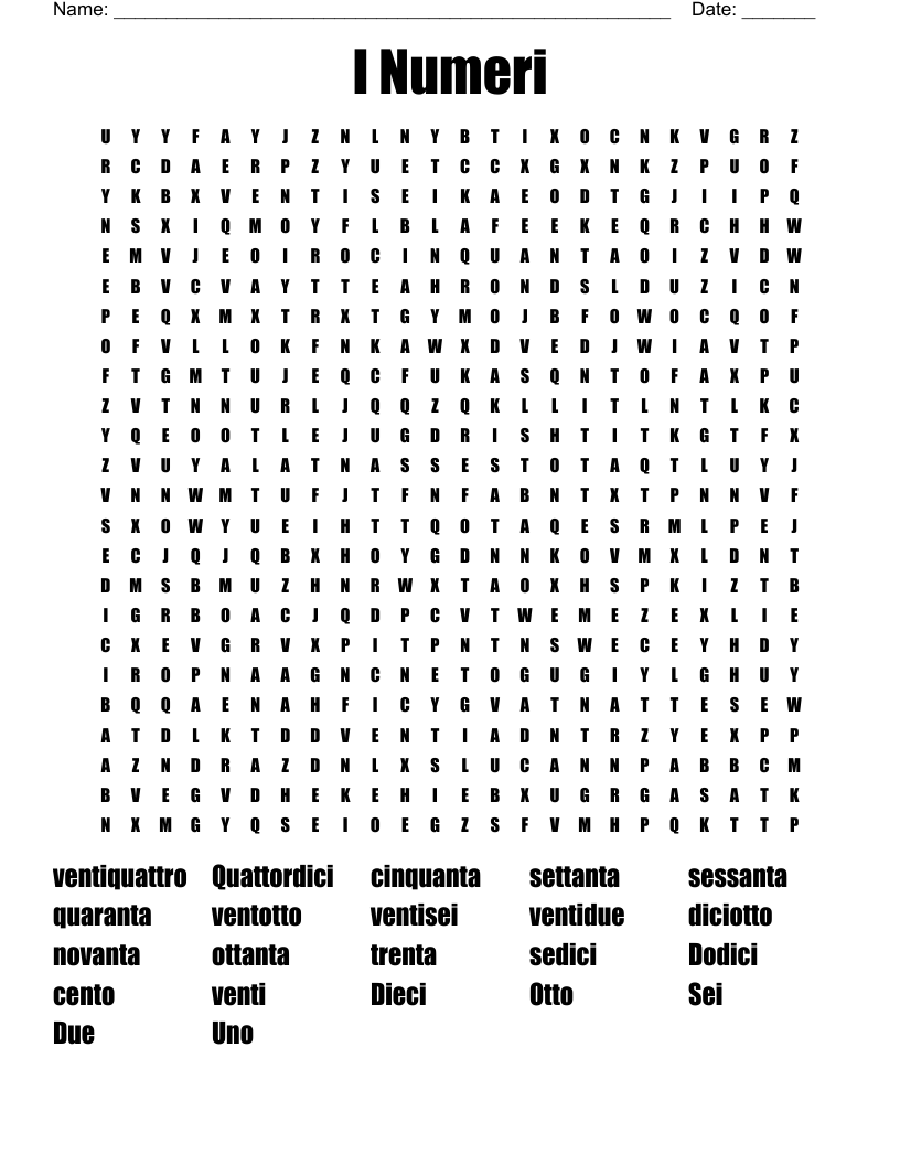 I Numeri  Word Search