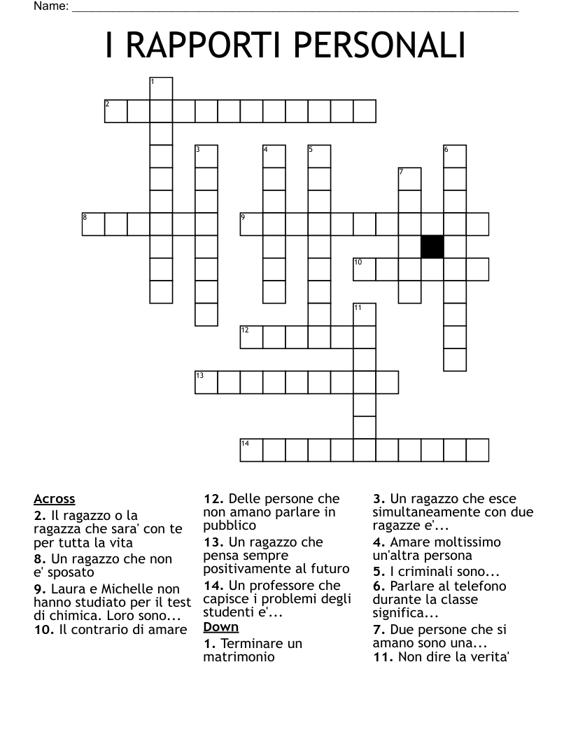 I RAPPORTI PERSONALI Crossword