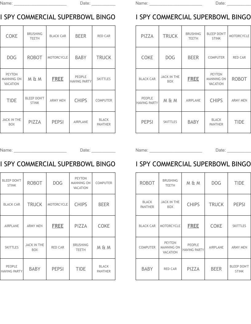 I SPY COMMERCIAL SUPERBOWL BINGO