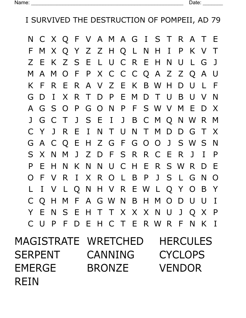 I SURVIVED THE DESTRUCTION OF POMPEII, AD 79 Word Search