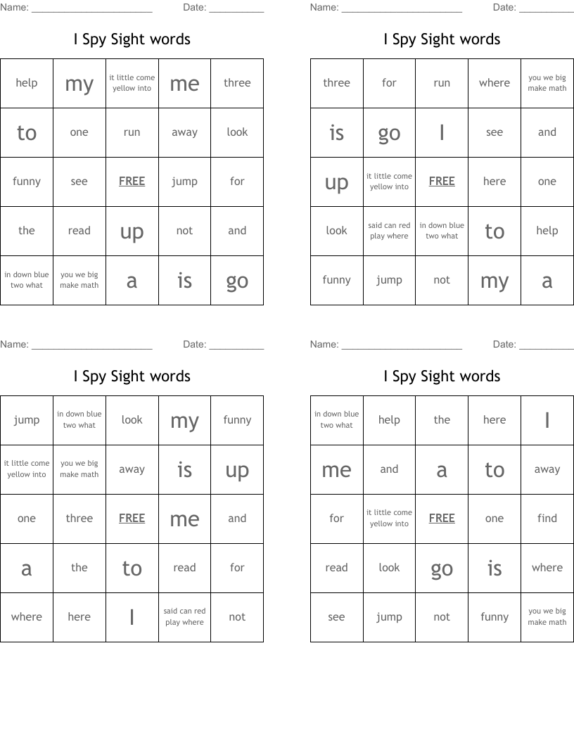 I Spy Sight words Bingo Cards