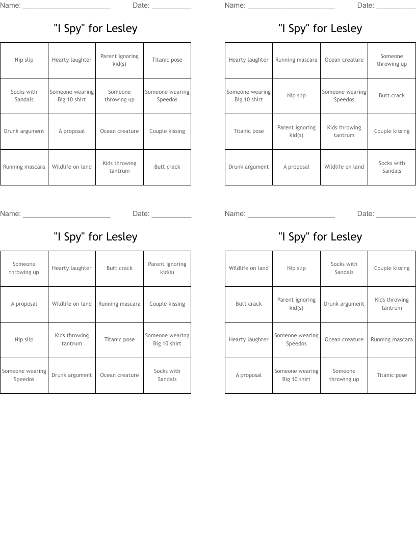 "I Spy"  for Lesley Bingo Cards