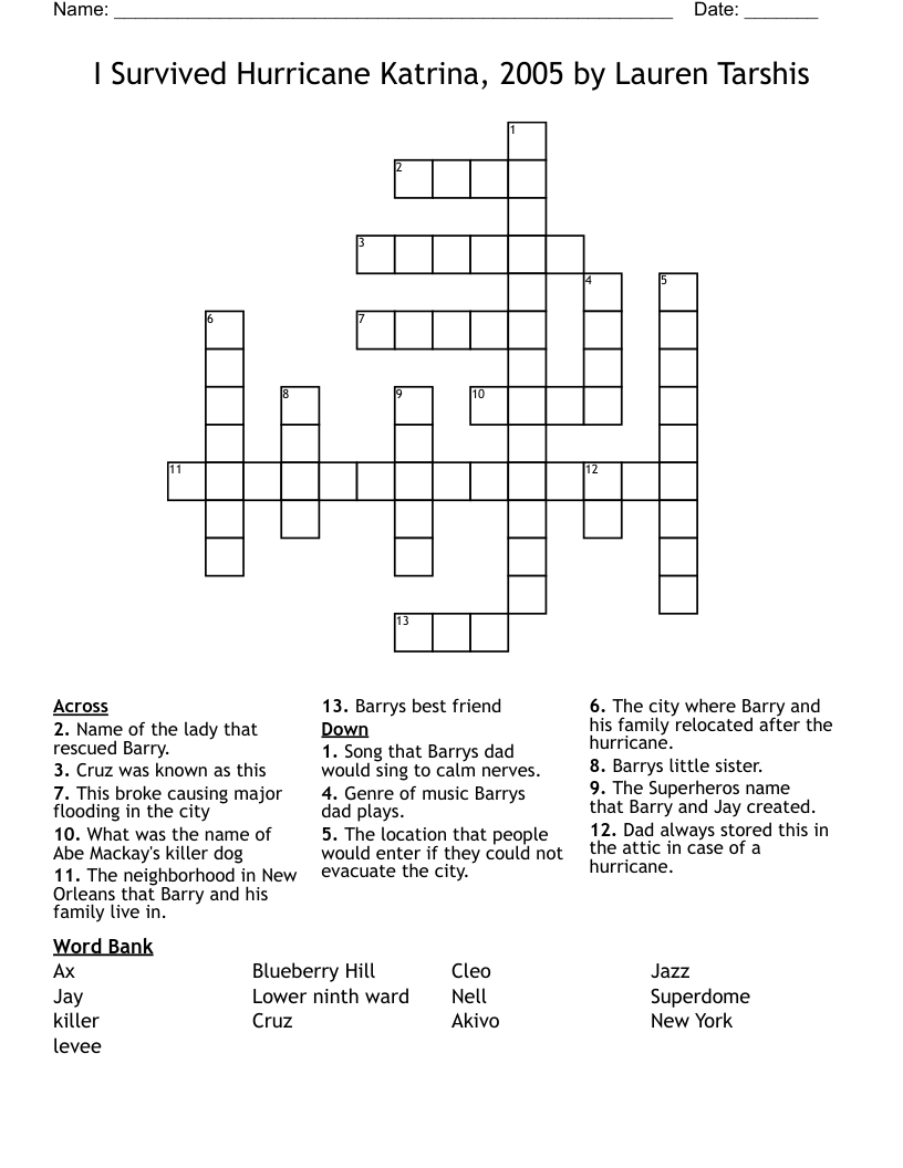 I Survived Hurricane Katrina, 2005 by Lauren Tarshis Crossword