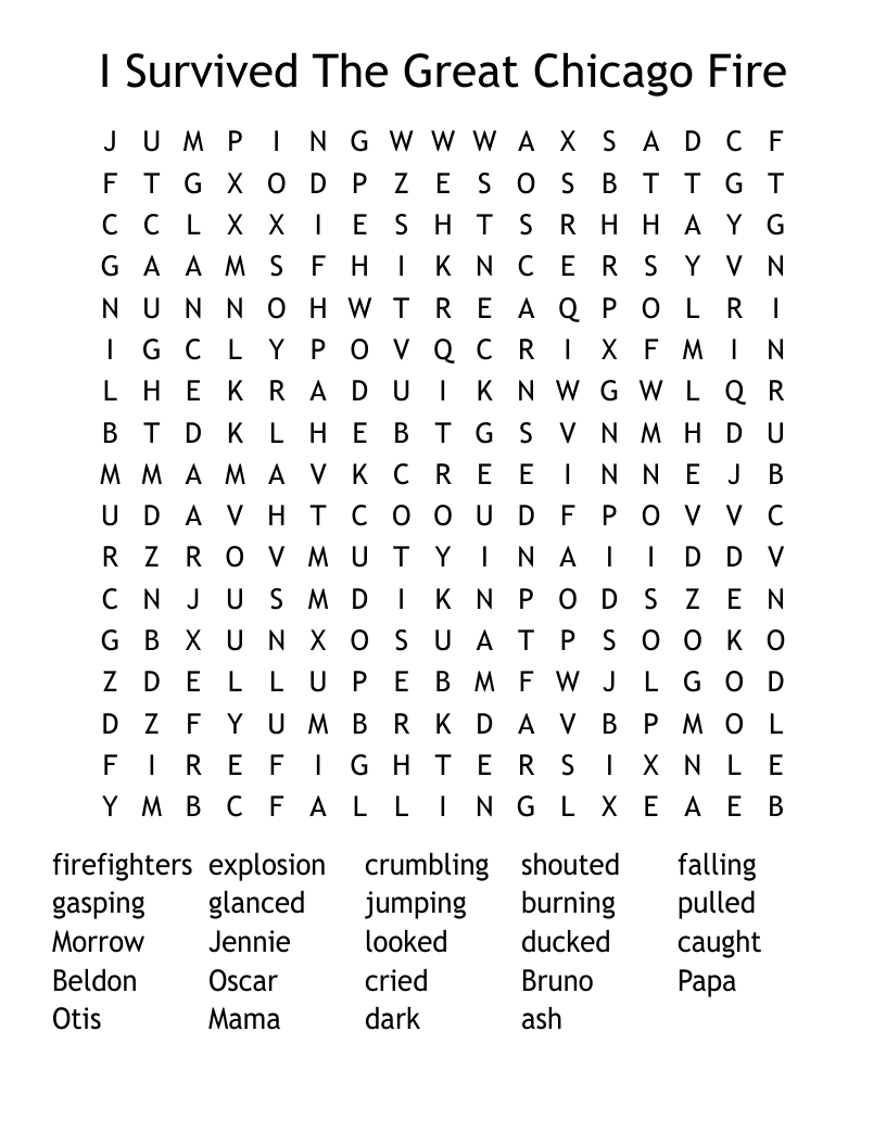 I Survived The Great  Chicago Fire Word Search