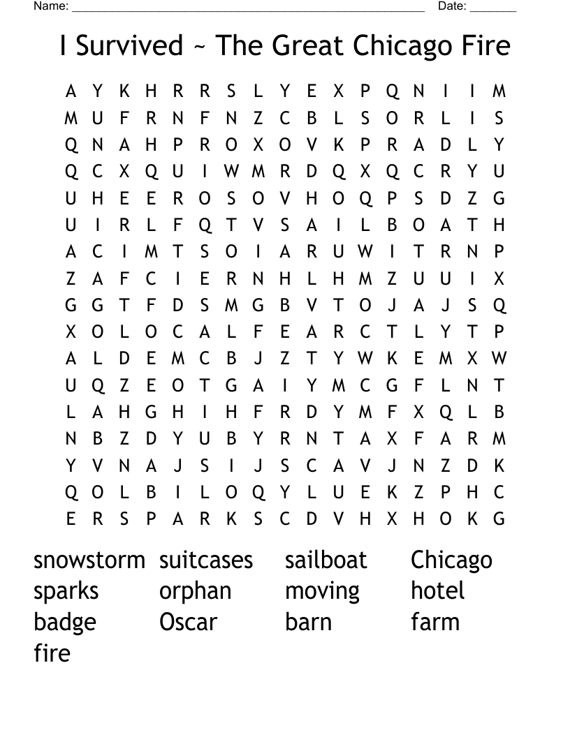 I Survived ~ The Great Chicago Fire Word Search