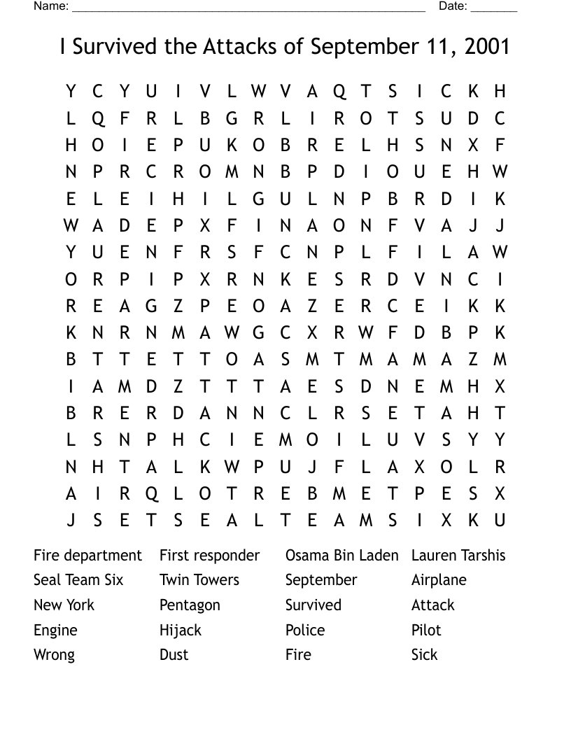I Survived the Attacks of September 11, 2001 Word Search