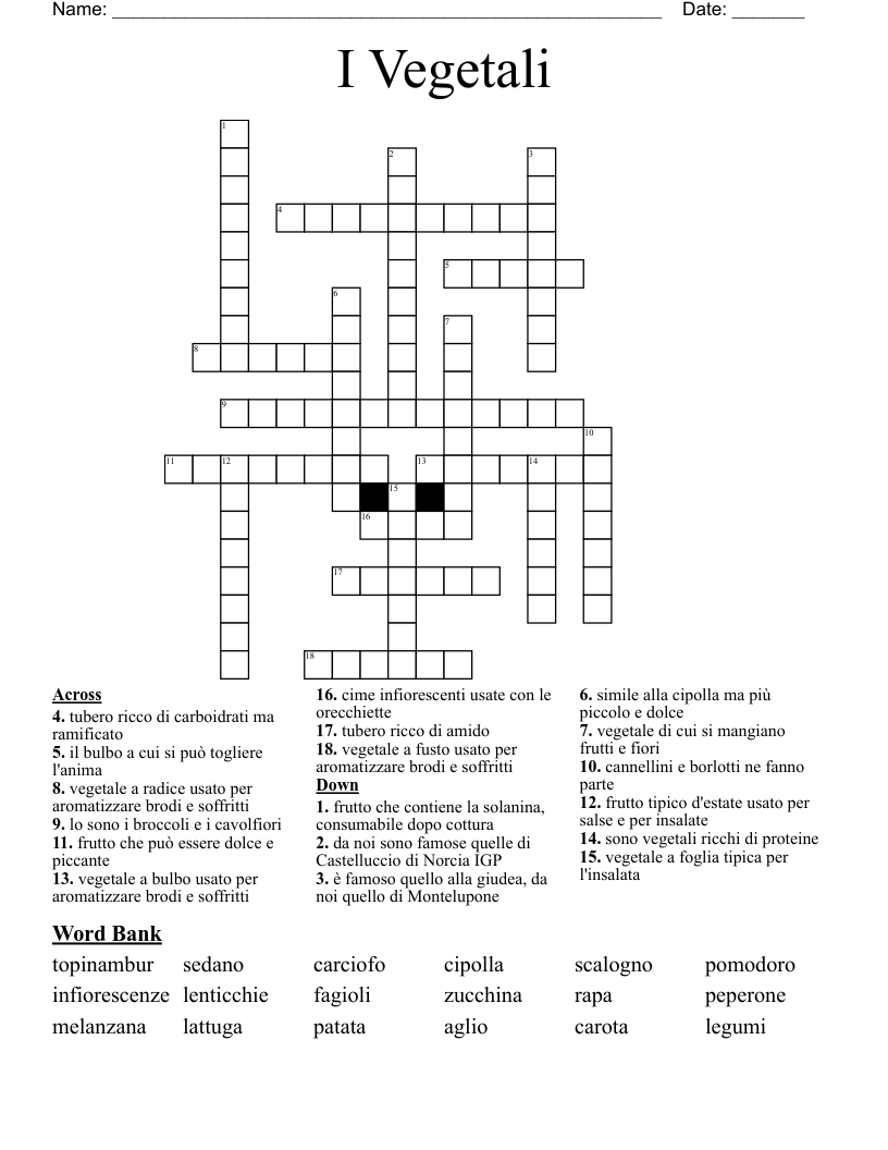 I Vegetali Crossword