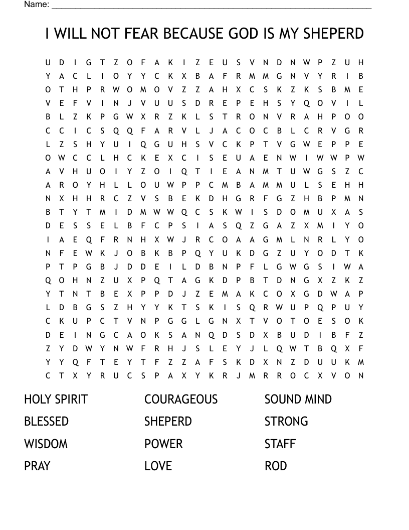 I WILL NOT FEAR BECAUSE GOD IS MY SHEPERD  Word Search