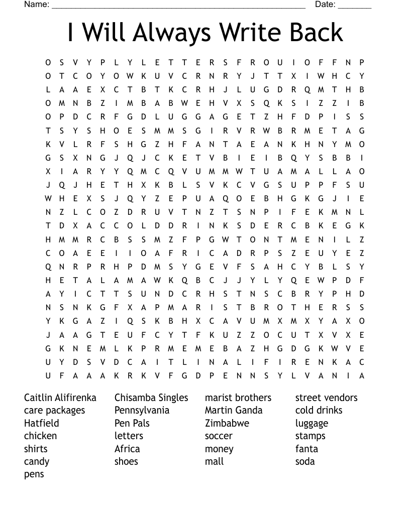 I Will Always Write Back Word Search