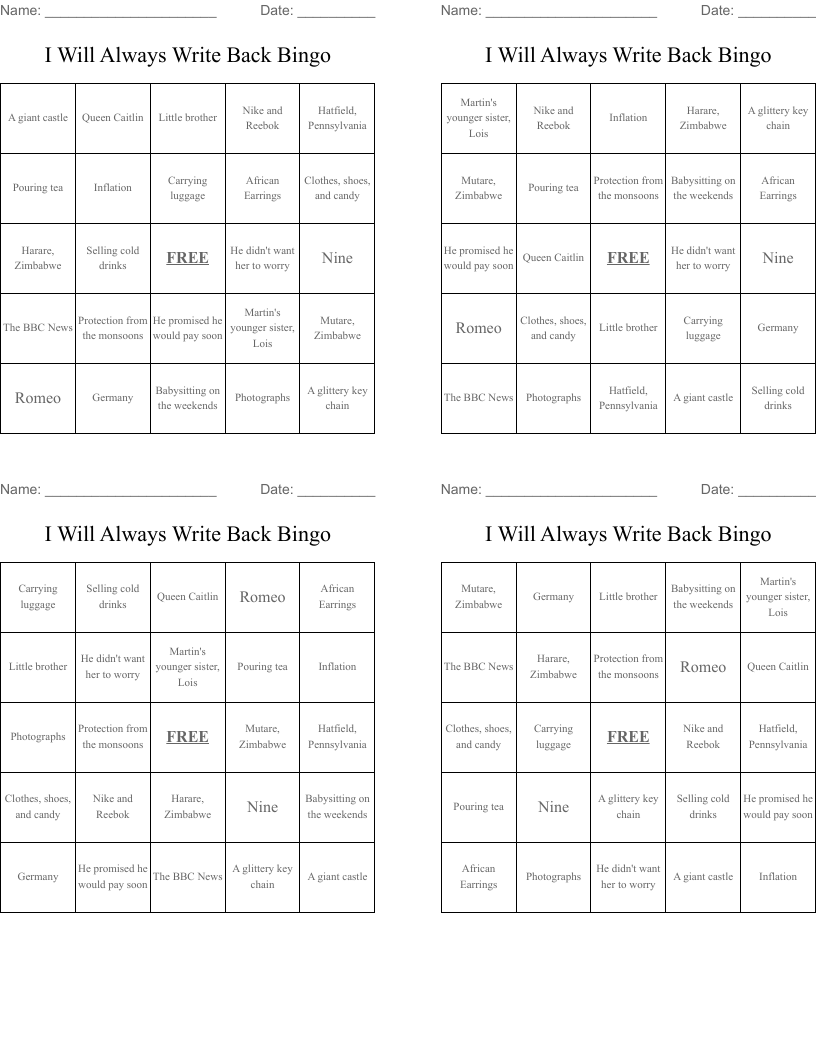 I Will Always Write Back Bingo