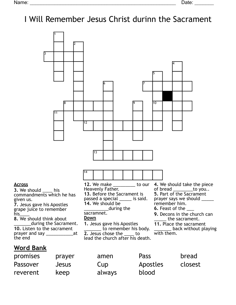 I Will Remember Jesus Christ durinn the Sacrament Crossword