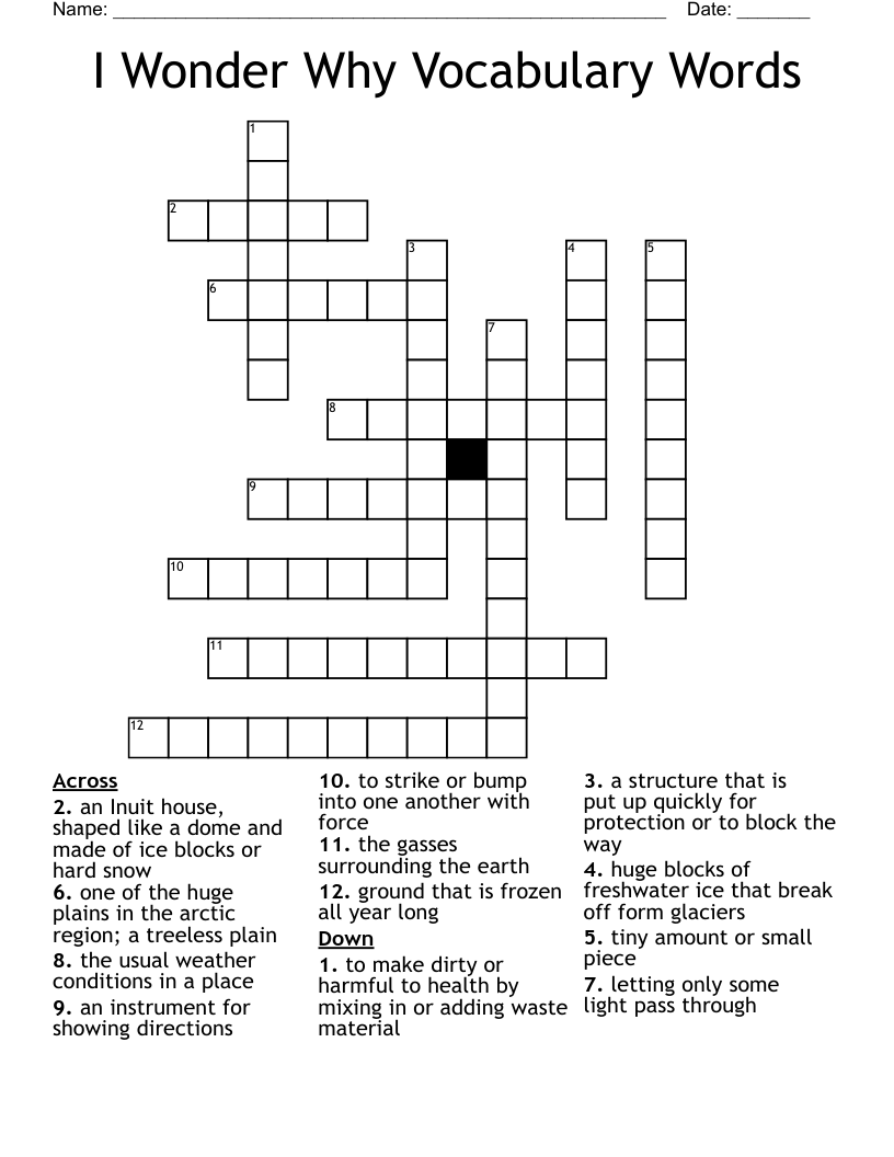 I Wonder Why Vocabulary Words Crossword
