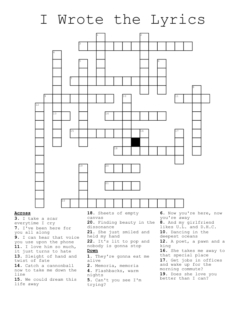 I Wrote the Lyrics Crossword