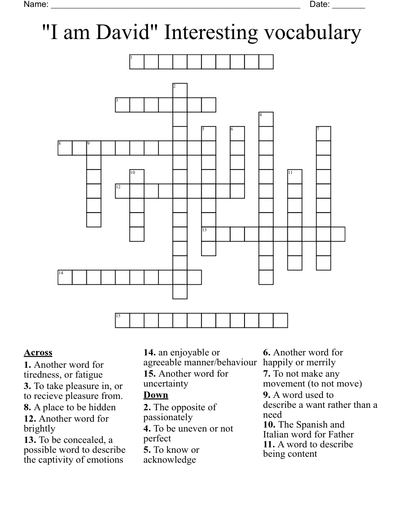 "I am David" Interesting vocabulary Crossword